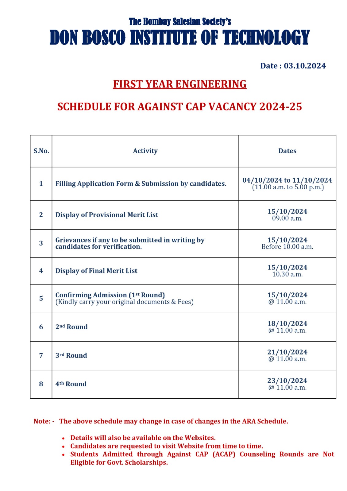  FE 2024 CAP Vacancies DBIT 